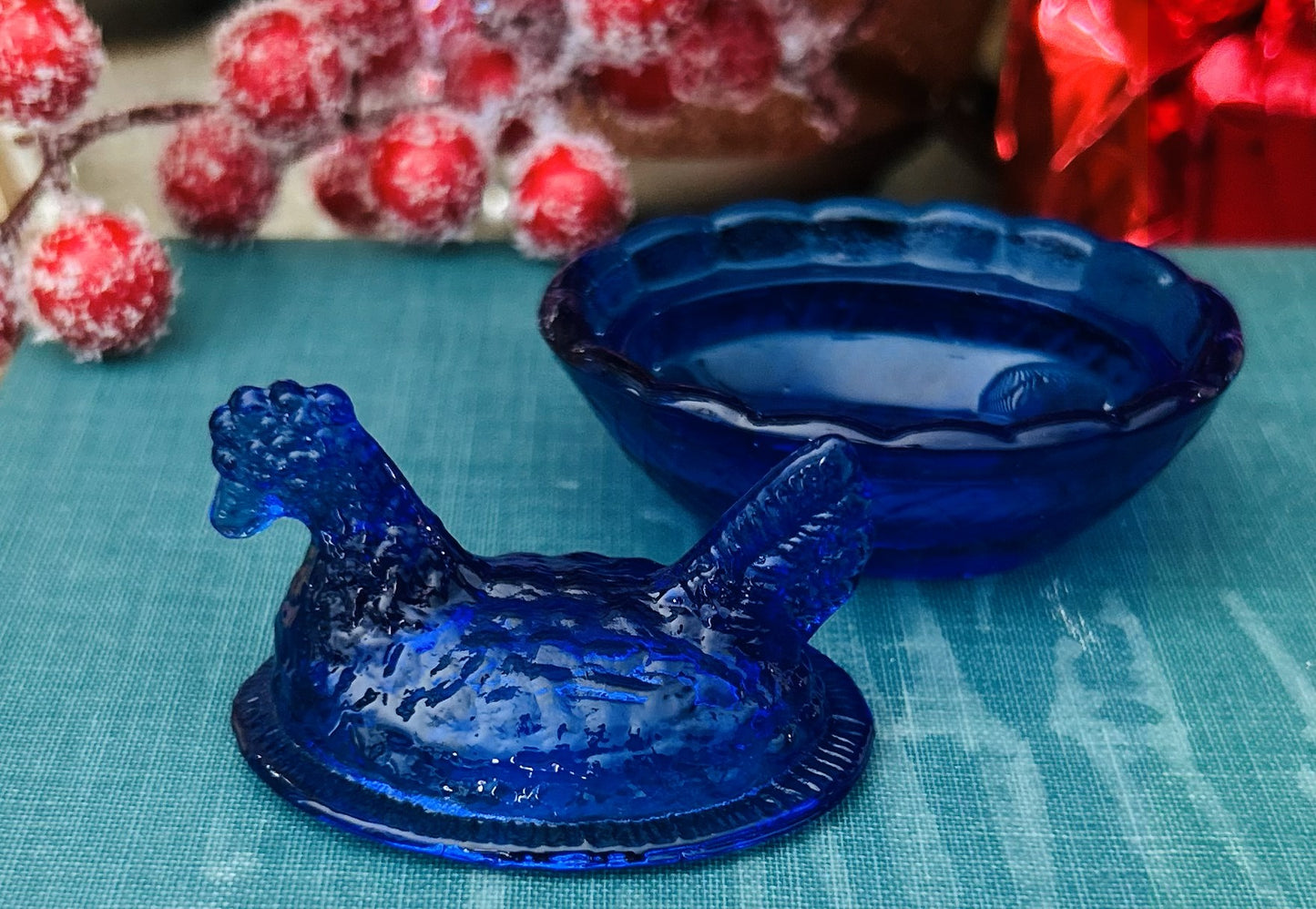 Vintage Glass Mini Hen on Nest Cobalt Blue