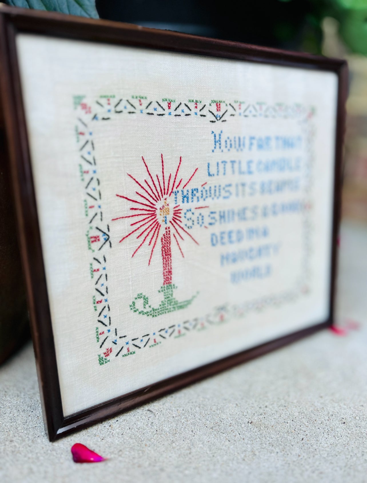 Vintage Needlepoint Picture. Shakespeare Quote: How far that little candle throws his beam.
