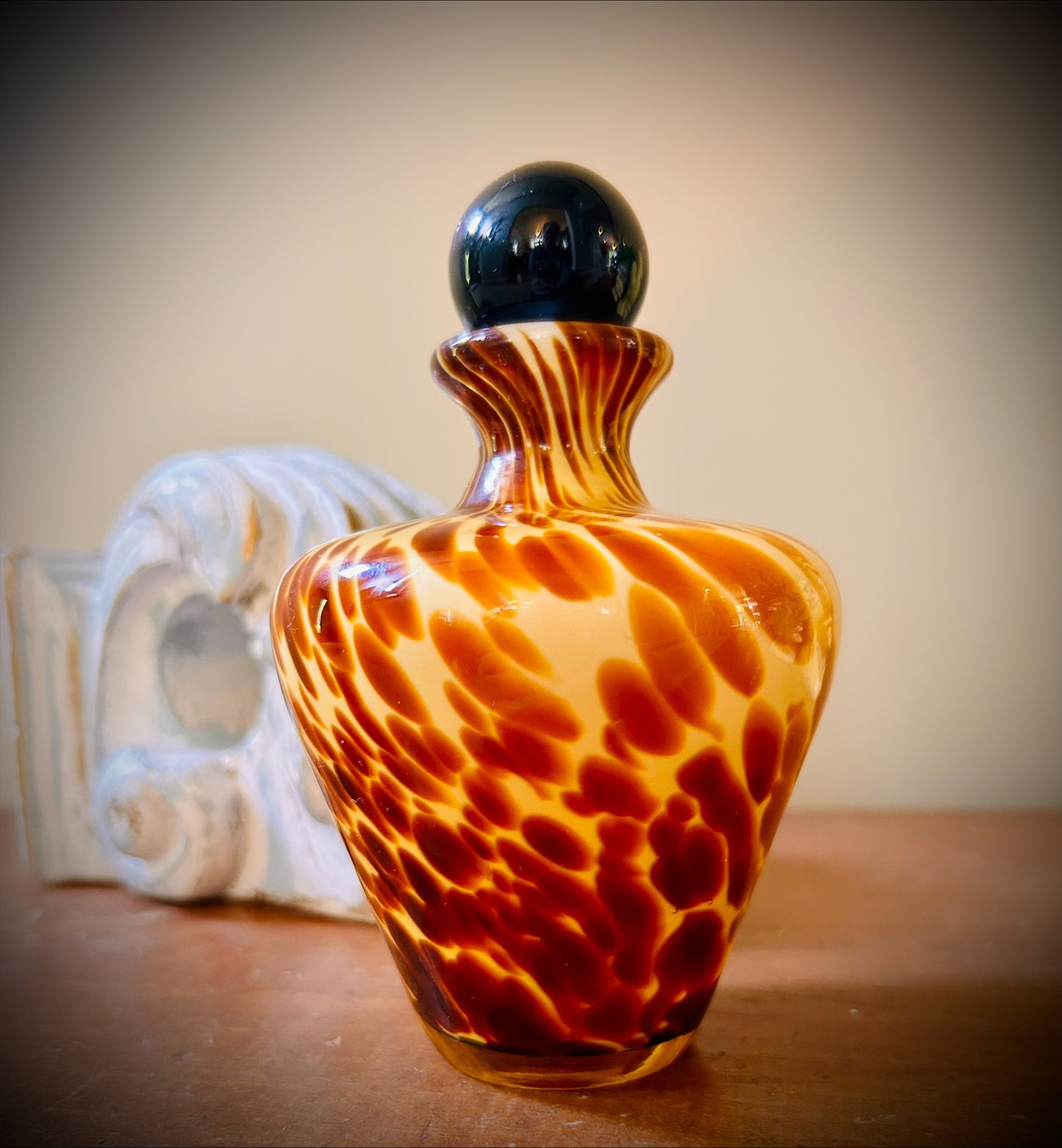 Tortoise Shell Blown Glass Perfume Bottle with Black Stopper Murano Style