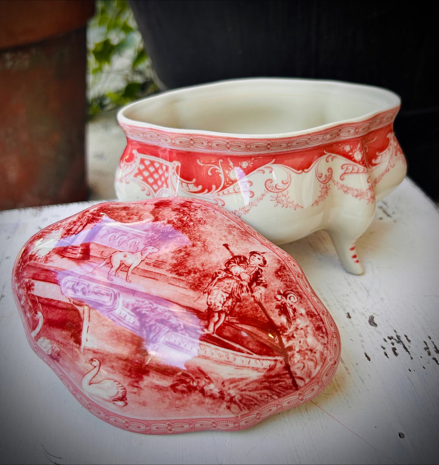Dark Pink and Cream Transferware Trinket Box