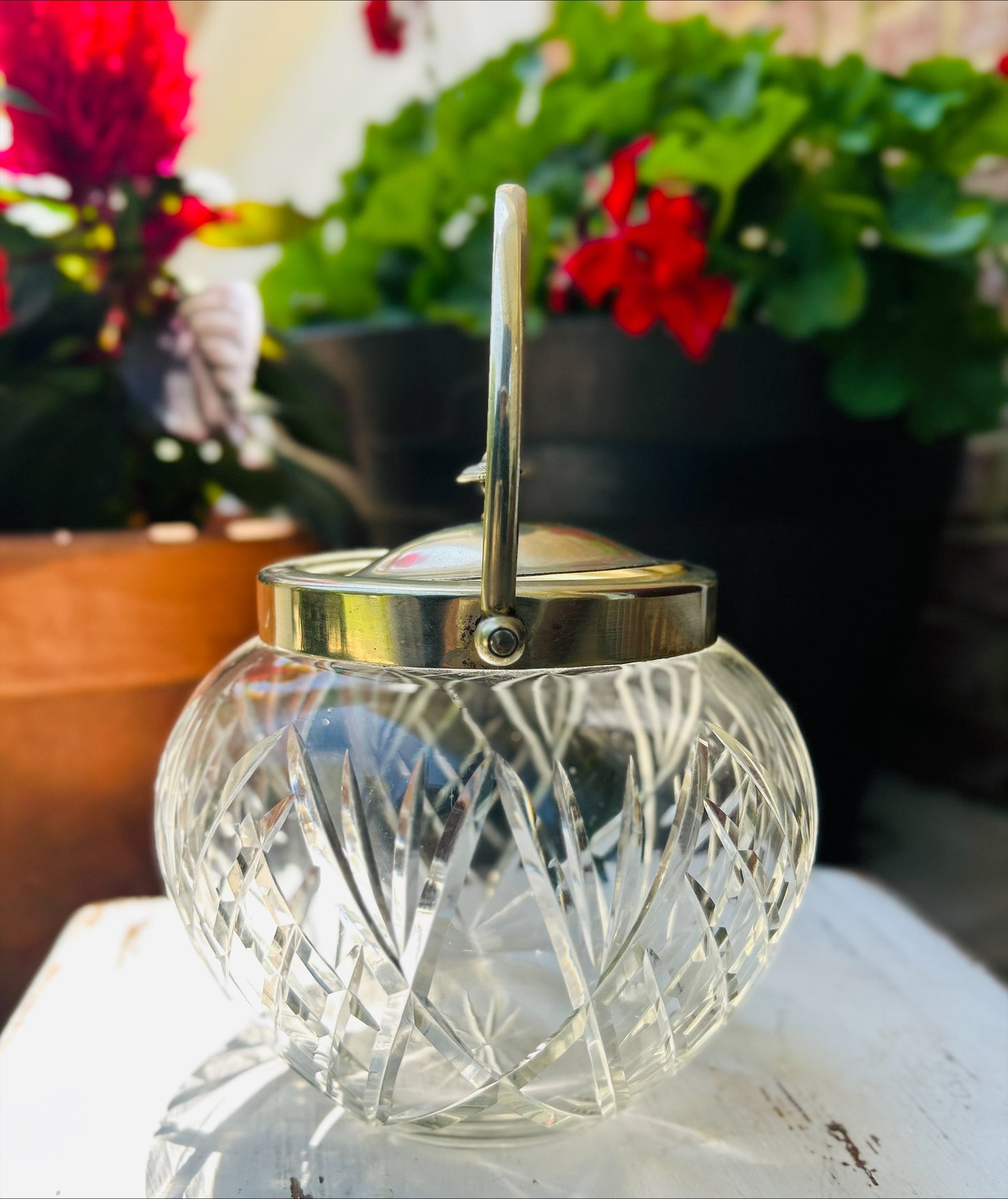 Vintage Cut Cystal Biscuit Jar with Silver lid and handle