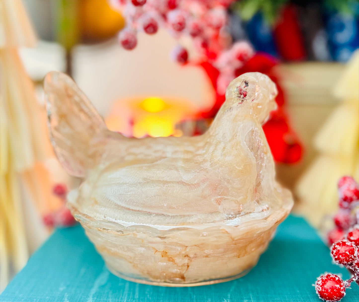 Peach Swirl Glass Hen on Nest 6"