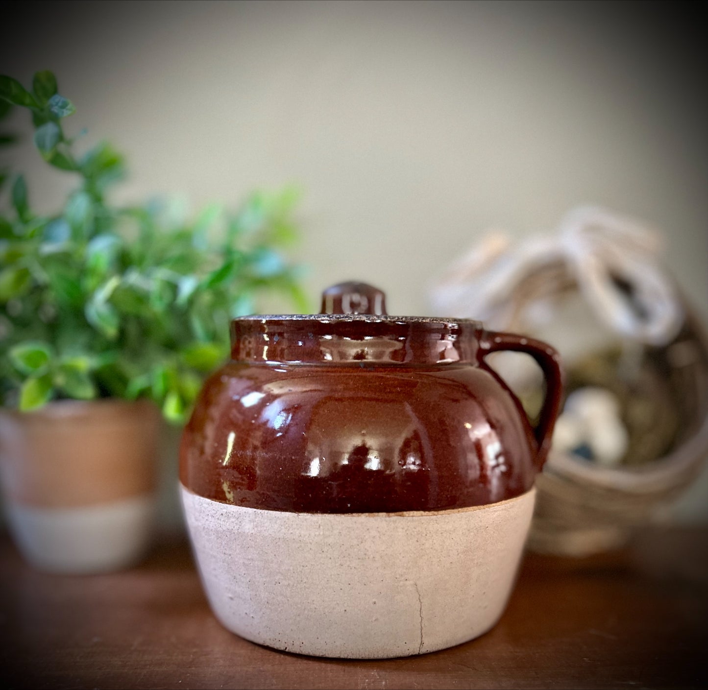 Vintage Two-Toned Brown and Tan Bean Crock #2