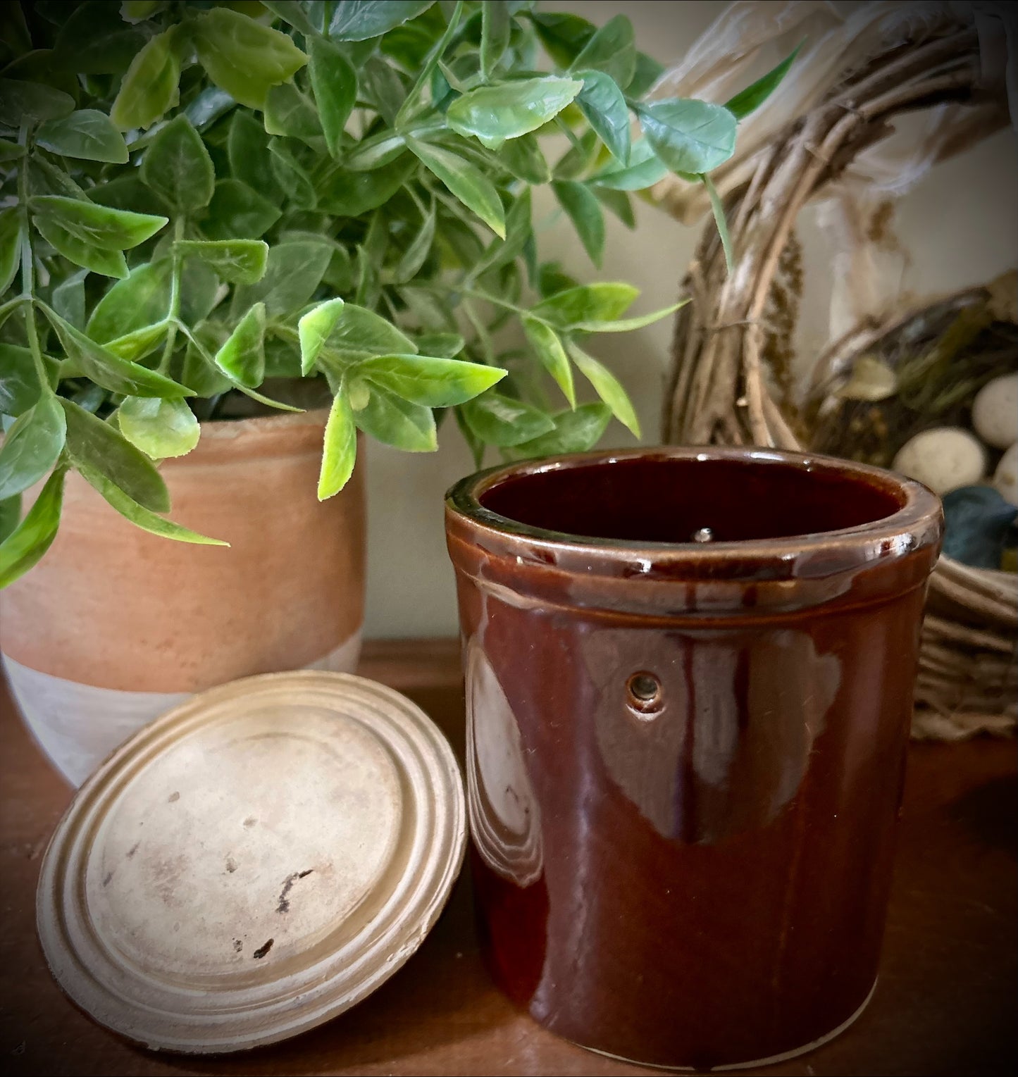 Vintage Brown Stoneware Cheese Crock