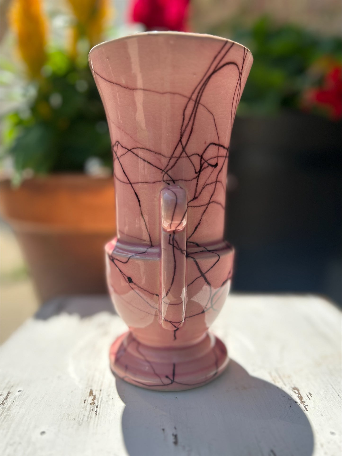 Vintage Pink Spiderweb/Cobweb with Double Handle Vase, Stamped 075