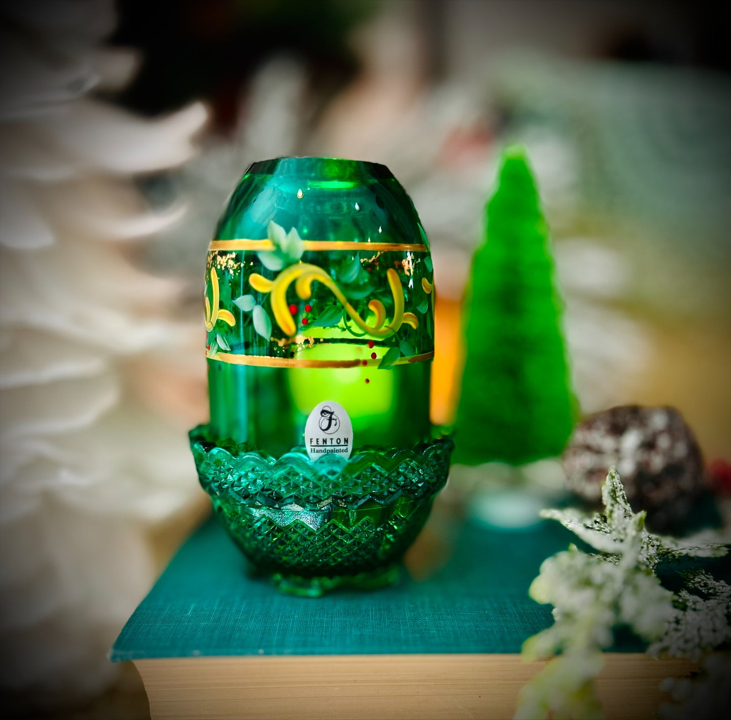 Vintage Fenton Emerald Green Hand Painted, Signed Fairy Lamp.