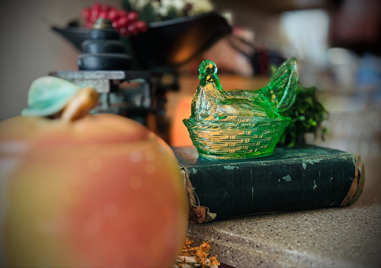 Vintage Green Hen on Nest