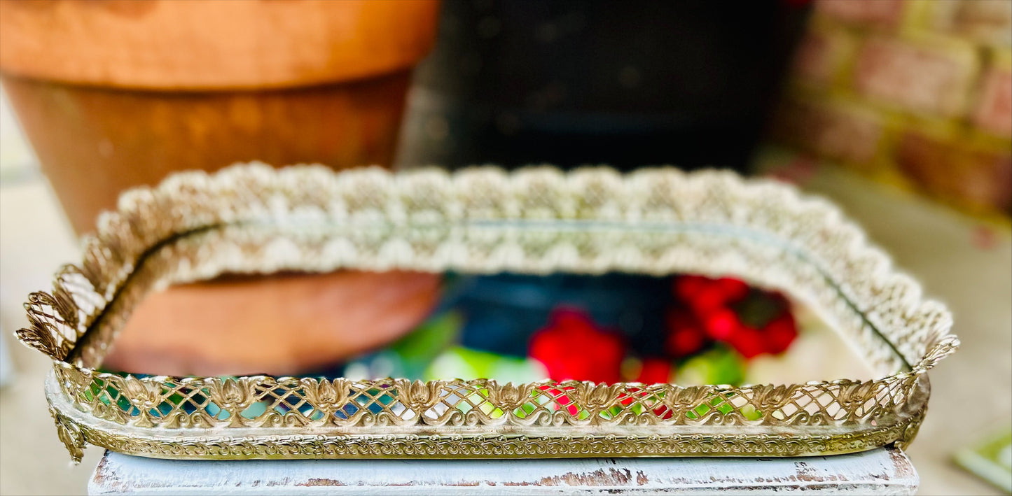 Vintage Footed Vanity mirror Tray with Gold Filigree
