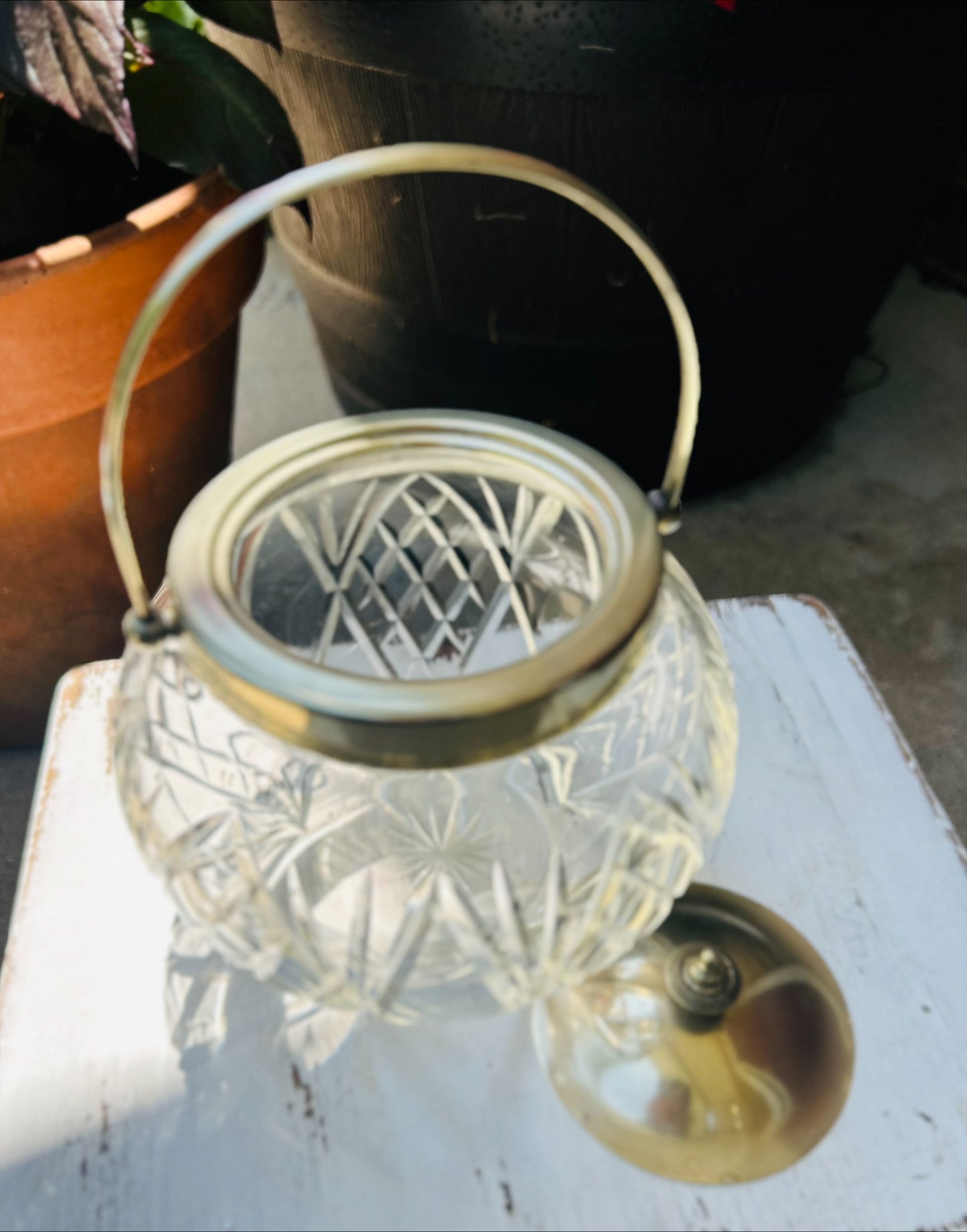 Vintage Cut Cystal Biscuit Jar with Silver lid and handle