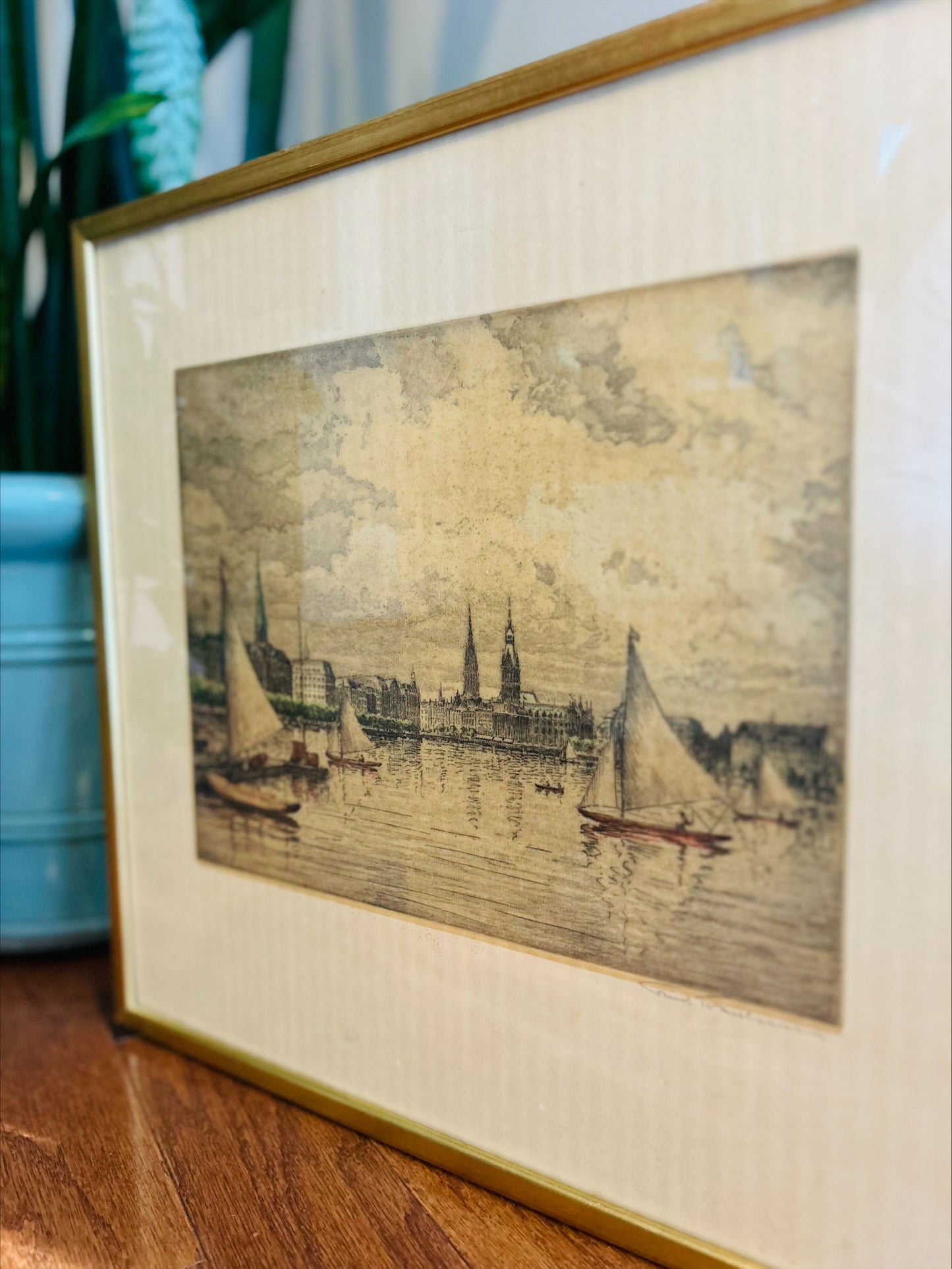Vintage Signed Lithograph -"Hamburg Binnenalster" by Friedrich Traulsen
