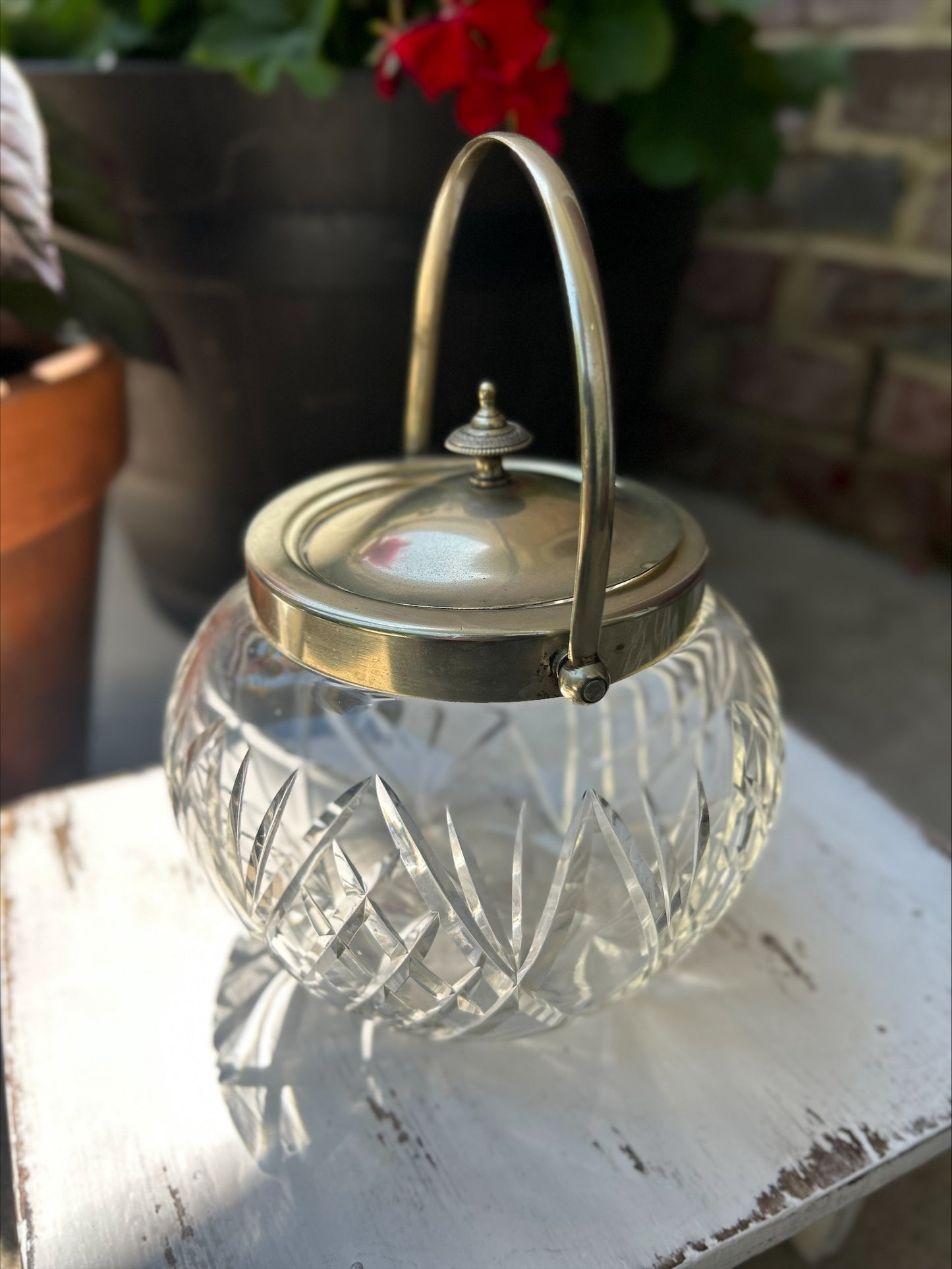 Vintage Cut Cystal Biscuit Jar with Silver lid and handle