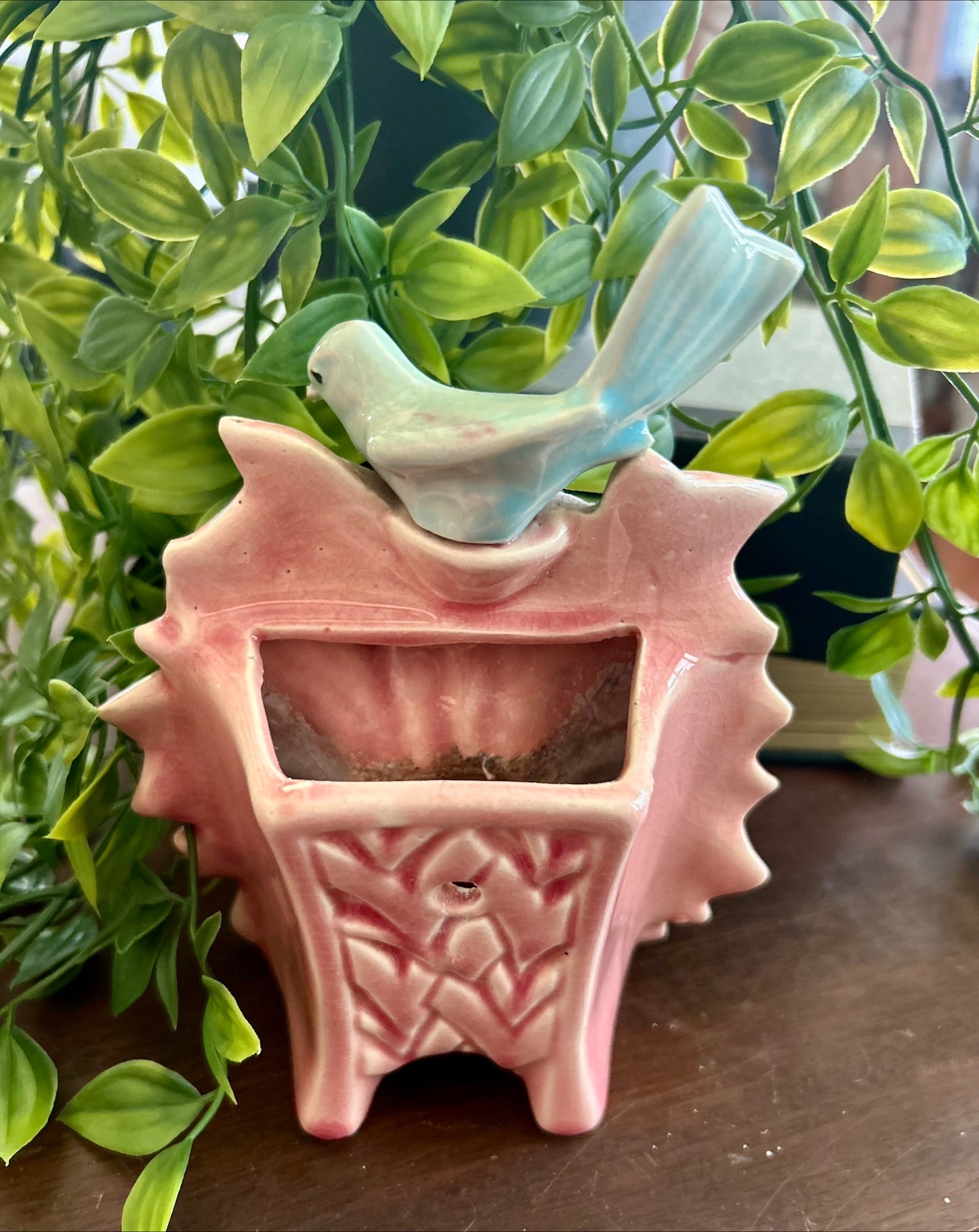 Vintage 1940's Original McCoy Song Bird Wall Pocket Sunflower Pink/Aqua