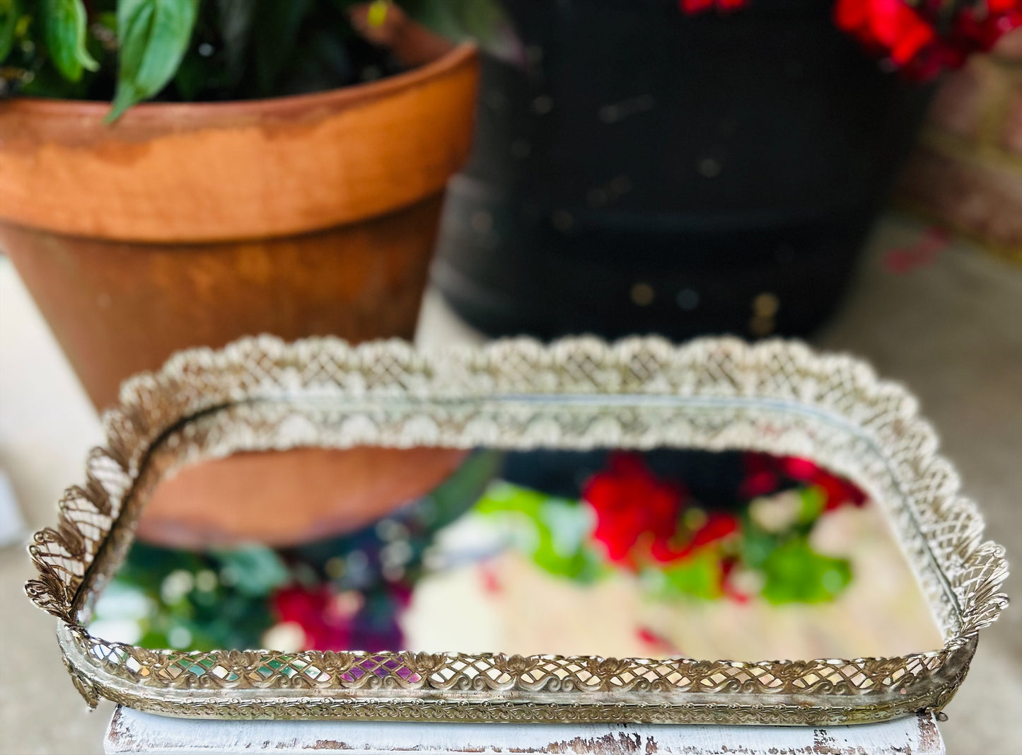 Vintage Footed Vanity mirror Tray with Gold Filigree
