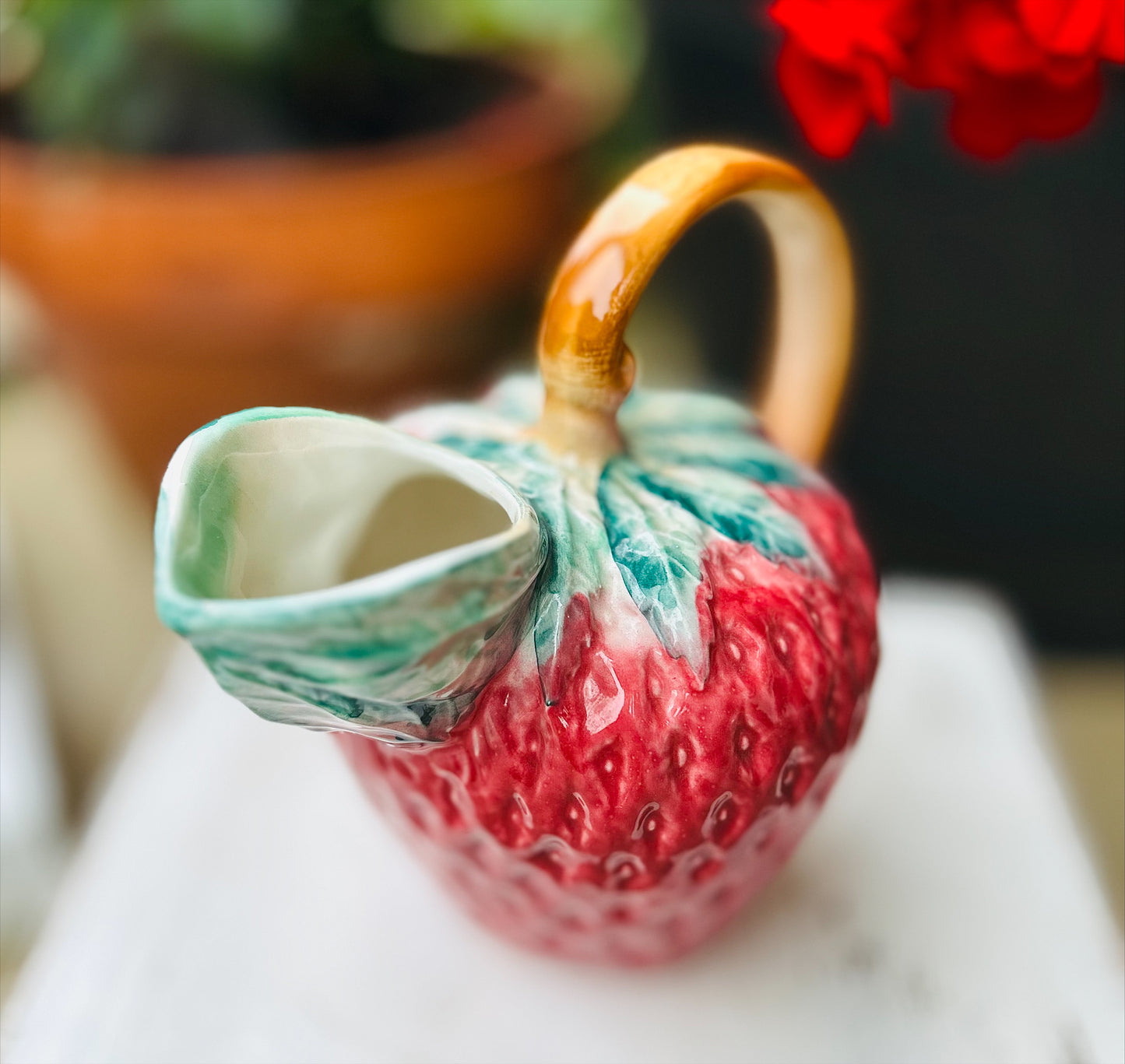 Vintage Hand Painted Italian Majolica Strawberry Pitcher
