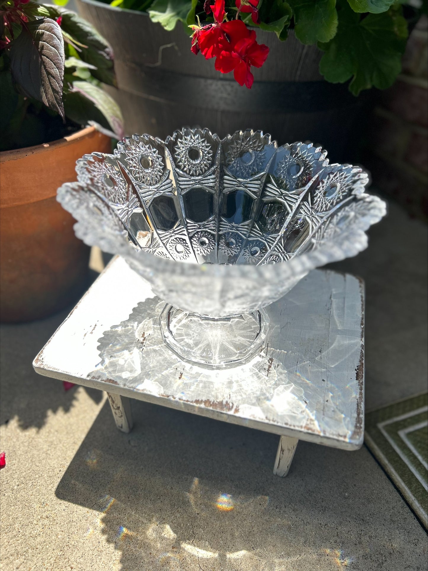 Vintage Bohemia Queen Ann Lace Lead Crystal Pedestal Fruit Bowl Brilliant Cut