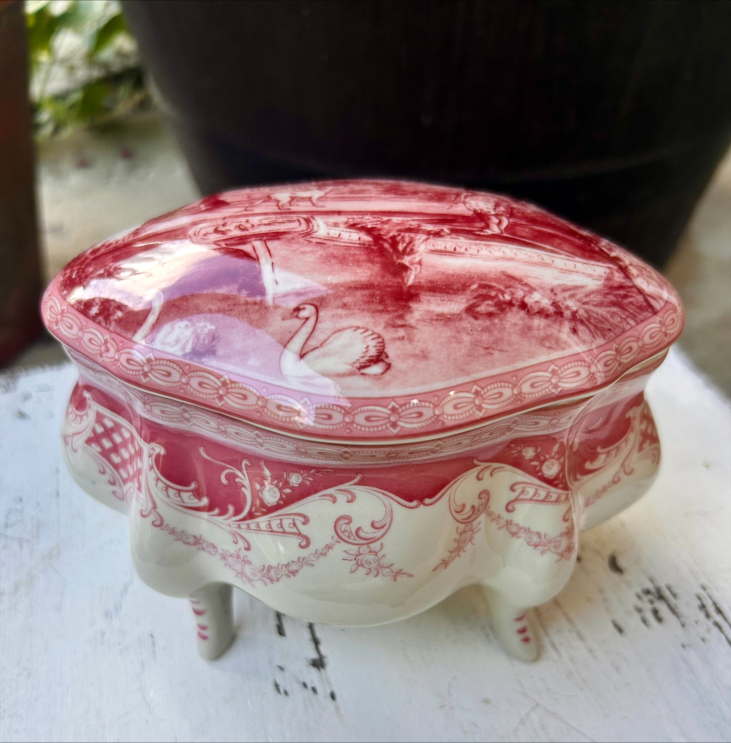 Dark Pink and Cream Transferware Trinket Box