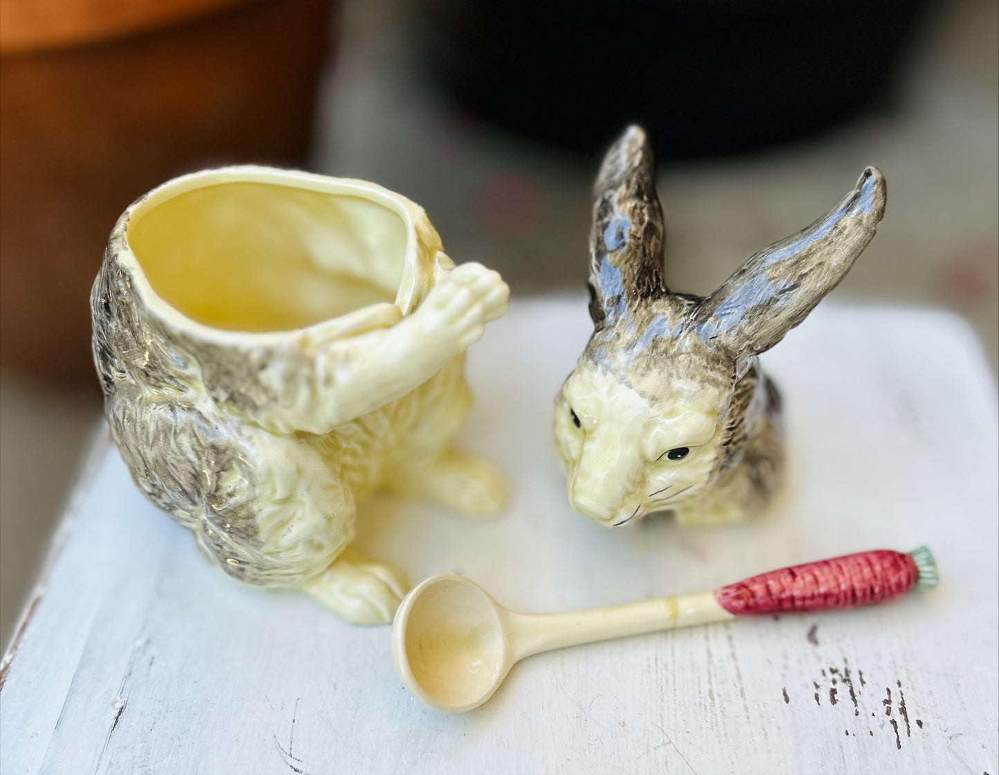 Charming Haldron 1982 Rabbit Tureen/Gravy boat Carrot spoon Ladle 3 piece set