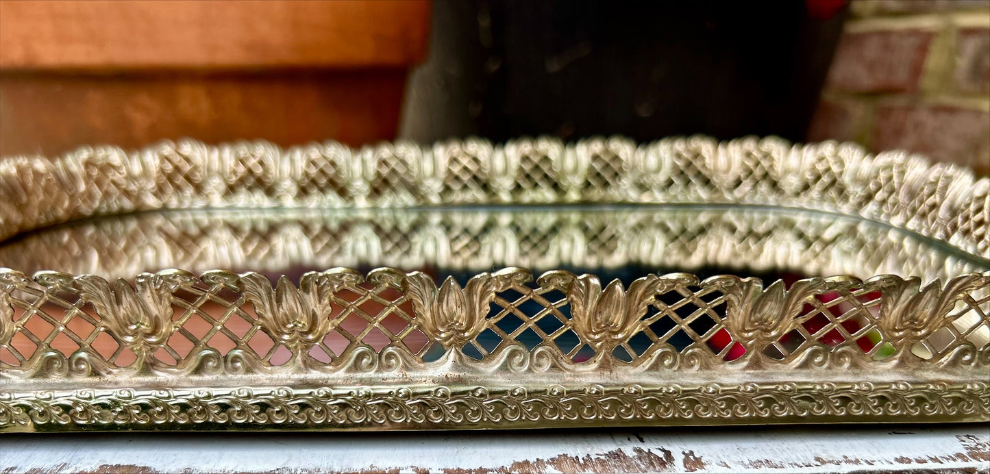 Vintage Footed Vanity mirror Tray with Gold Filigree