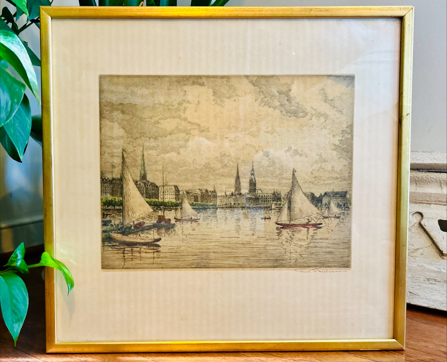 Vintage Signed Lithograph -"Hamburg Binnenalster" by Friedrich Traulsen