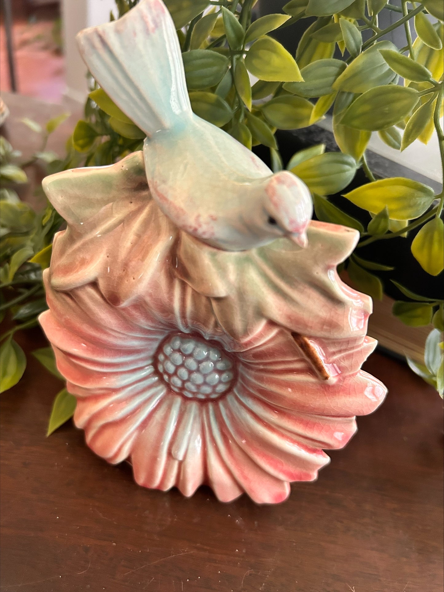 Vintage 1940's Original McCoy Song Bird Wall Pocket Sunflower Pink/Aqua