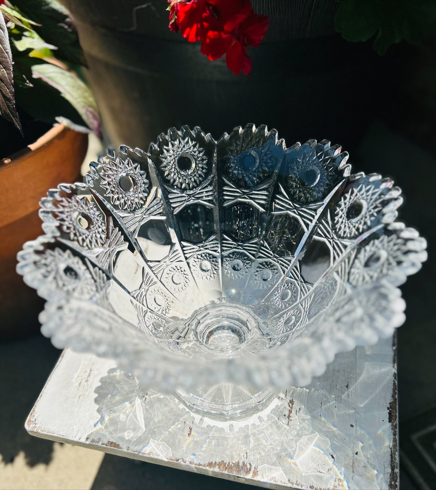 Vintage Bohemia Queen Ann Lace Lead Crystal Pedestal Fruit Bowl Brilliant Cut