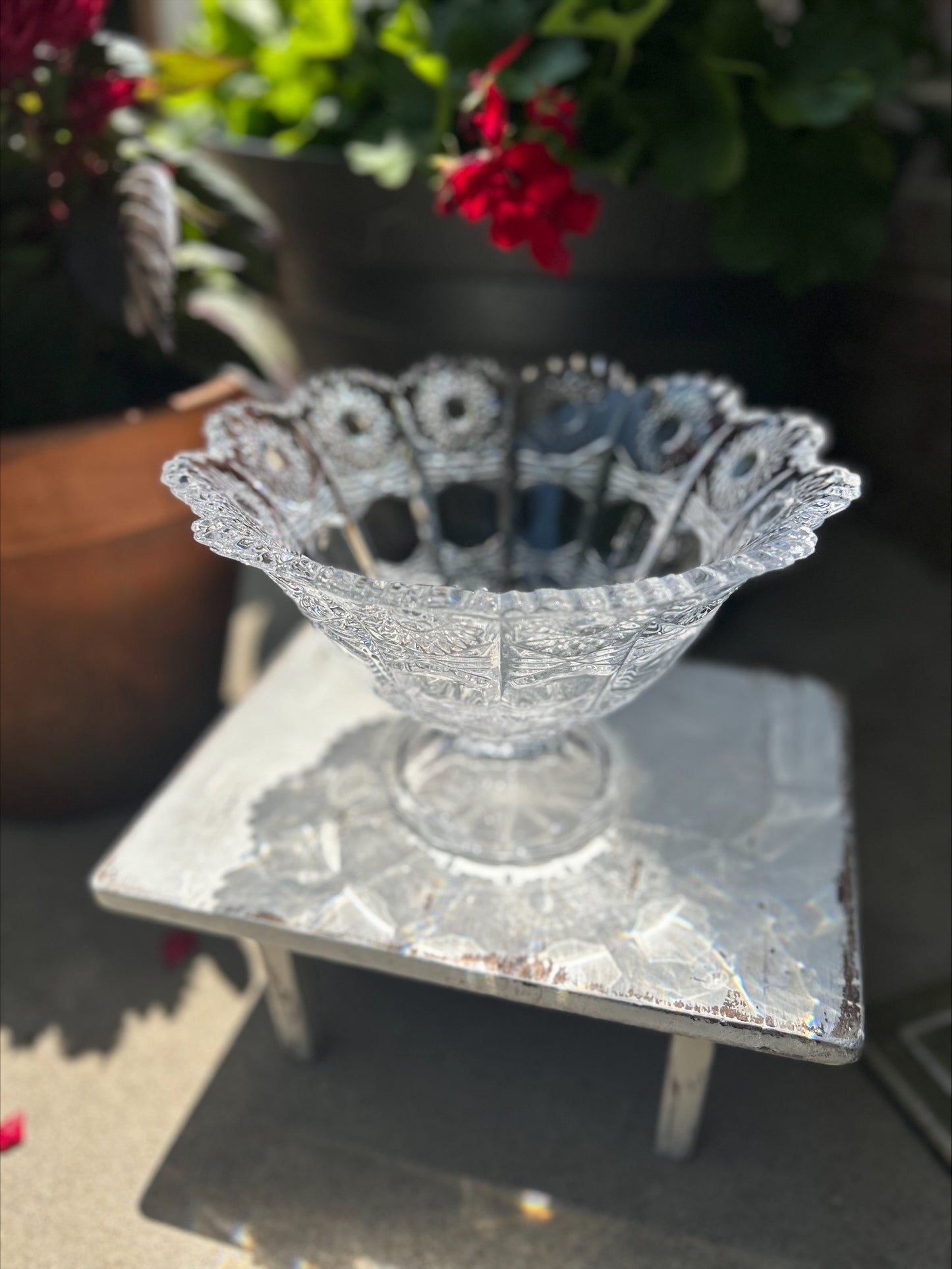 Vintage Bohemia Queen Ann Lace Lead Crystal Pedestal Fruit Bowl Brilliant Cut