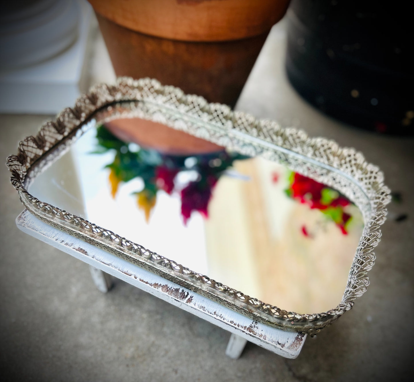 Vintage Footed Vanity mirror Tray with Gold Filigree
