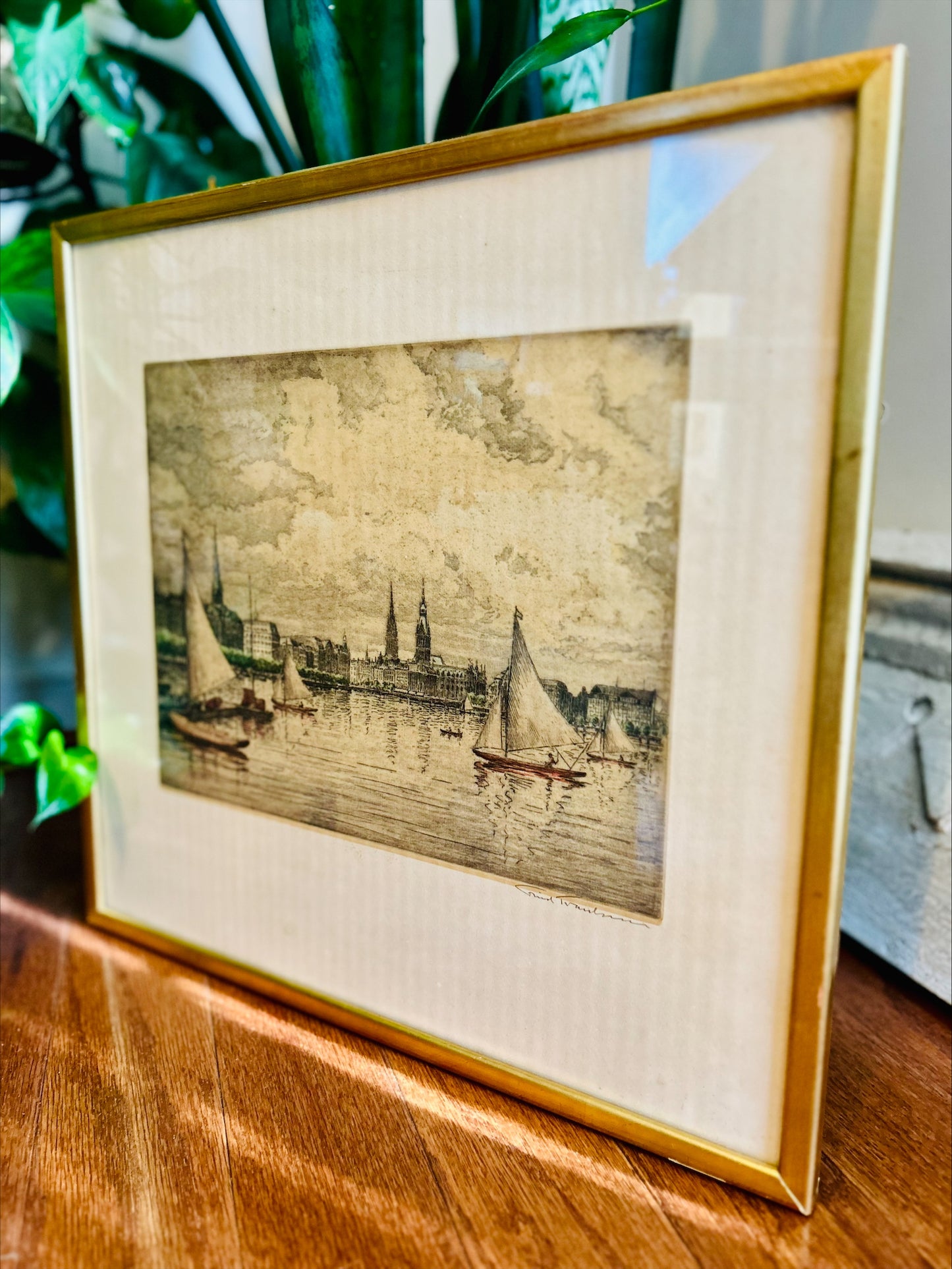 Vintage Signed Lithograph -"Hamburg Binnenalster" by Friedrich Traulsen