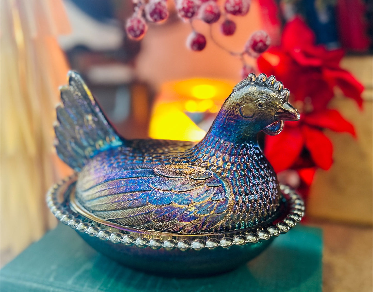 Vintage Indiana Blue Carnival Glass Hen on Nest 7" *straited/textured nest