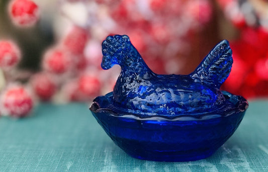 Vintage Glass Mini Hen on Nest Cobalt Blue