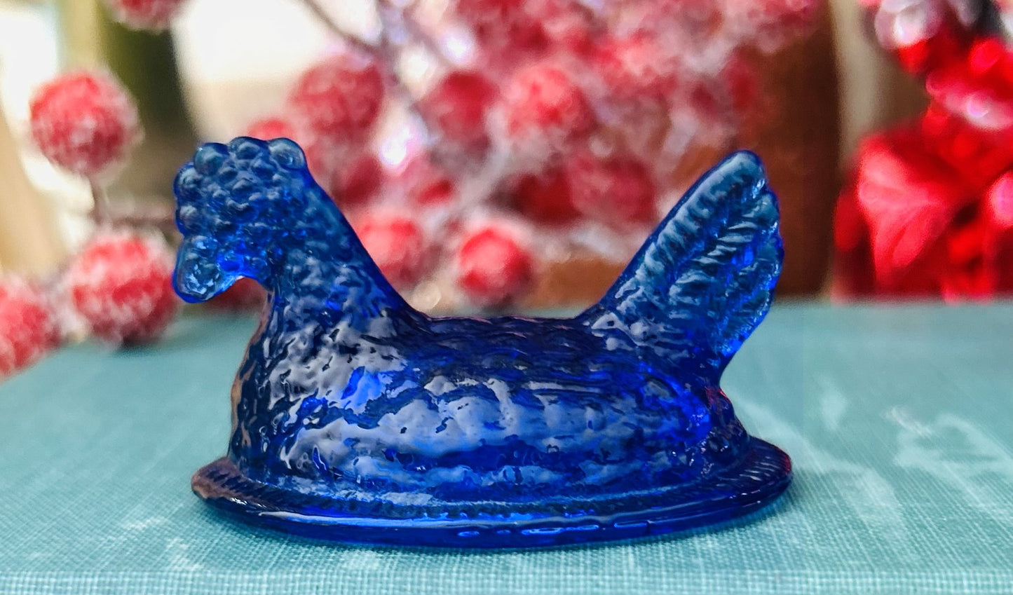 Vintage Glass Mini Hen on Nest Cobalt Blue