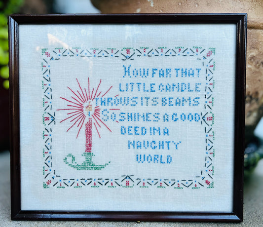 Vintage Needlepoint Picture. Shakespeare Quote: How far that little candle throws his beam.