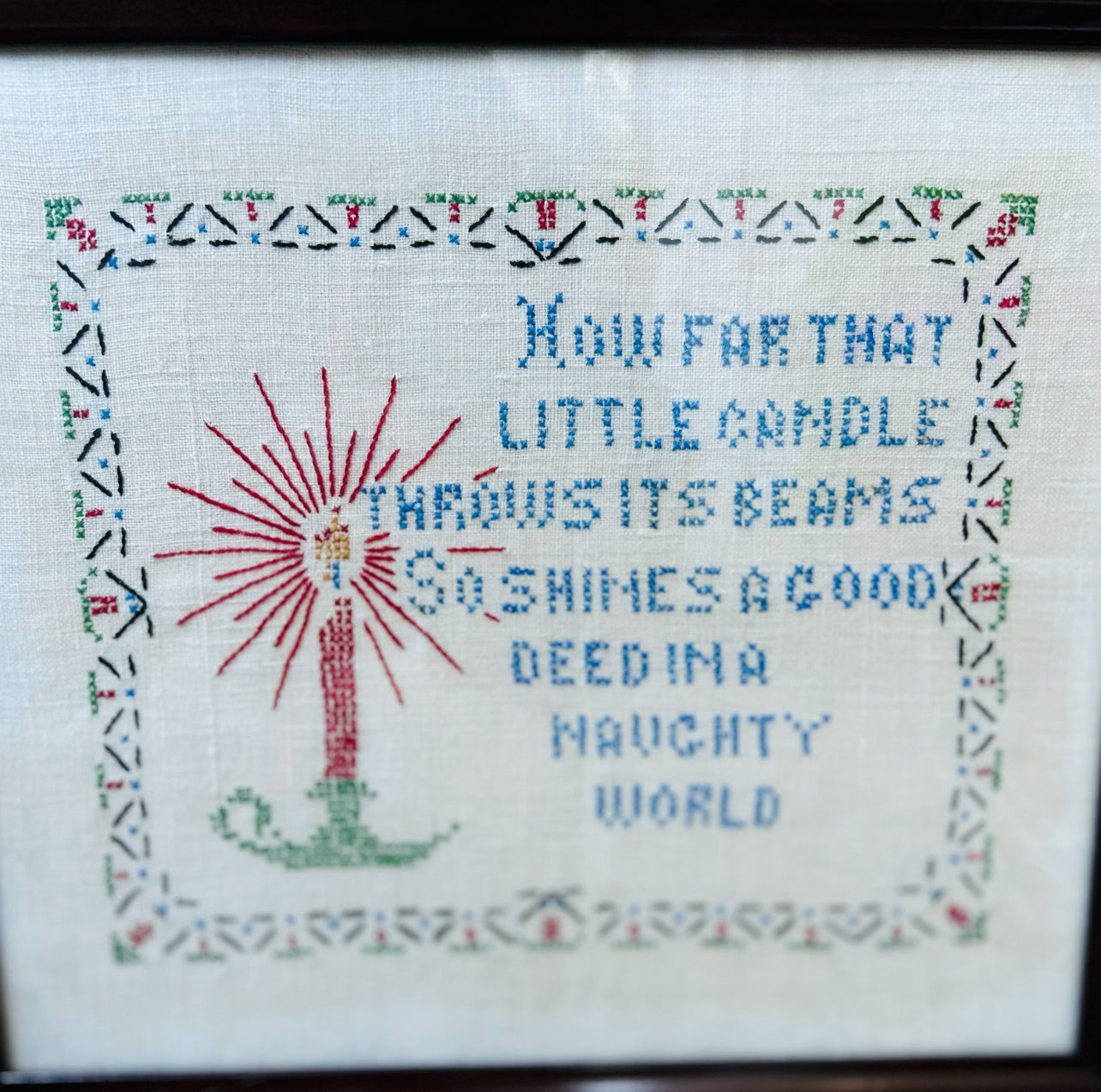 Vintage Needlepoint Picture. Shakespeare Quote: How far that little candle throws his beam.