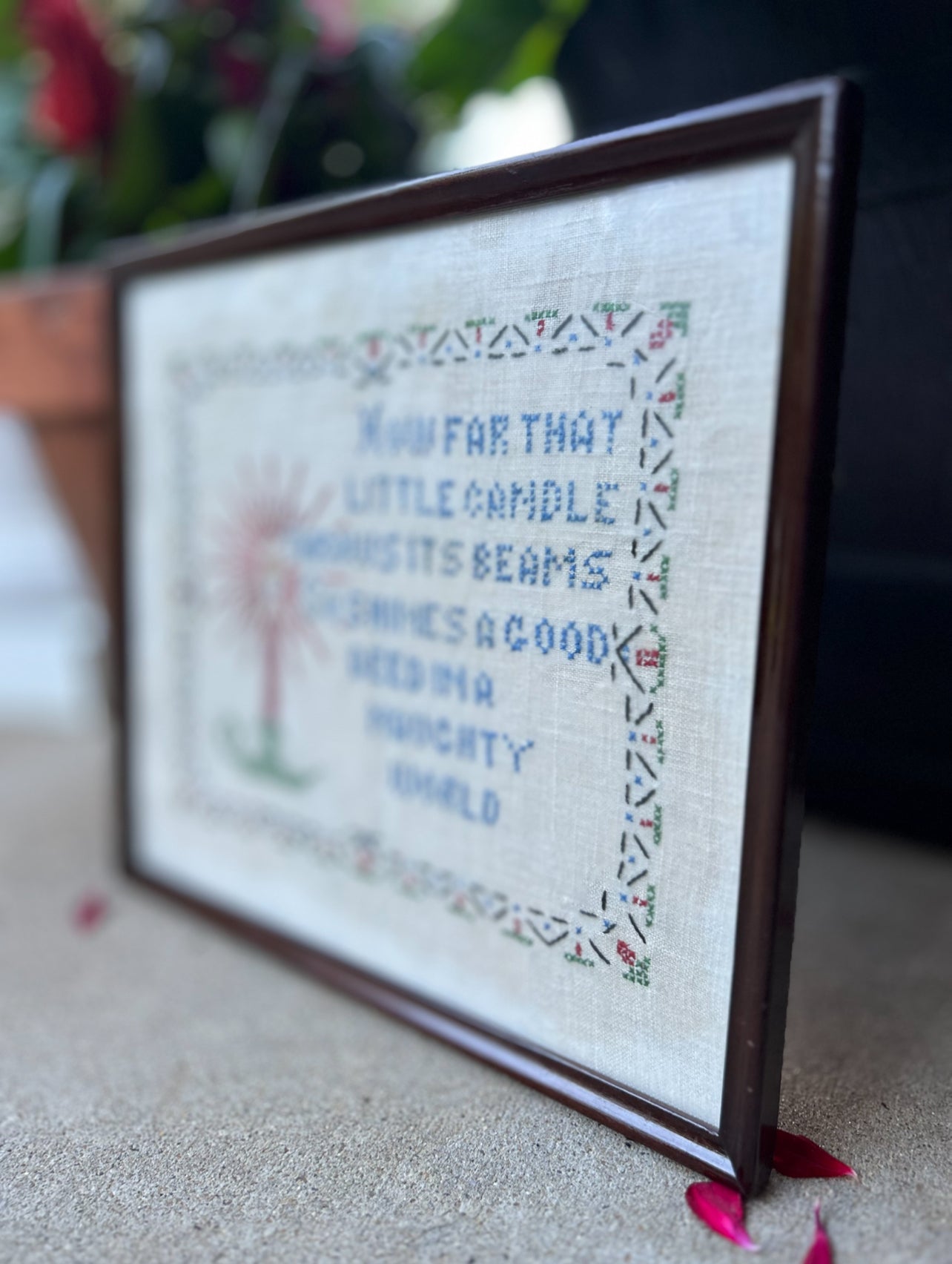 Vintage Needlepoint Picture. Shakespeare Quote: How far that little candle throws his beam.