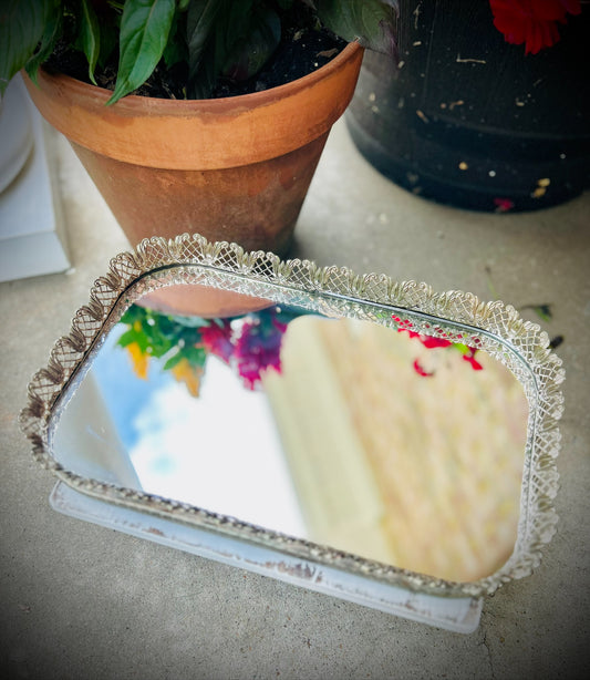 Vintage Footed Vanity mirror Tray with Gold Filigree