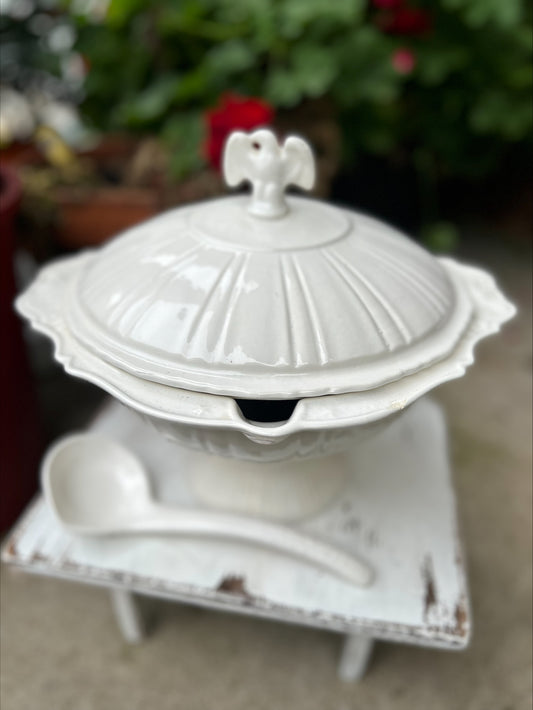 White Soup Tureen with Eagle Finial and Ladle