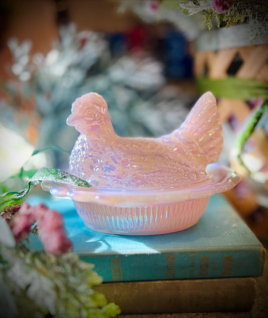 Pink Iridescent Carnival Tuscan Mosser Hen on Nest