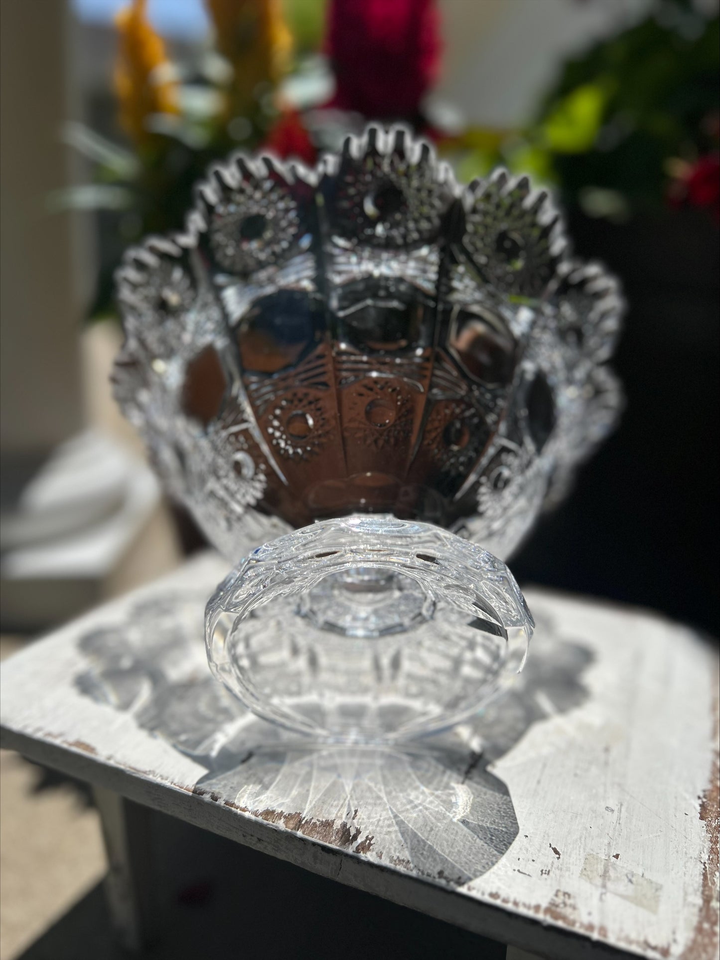 Vintage Bohemia Queen Ann Lace Lead Crystal Pedestal Fruit Bowl Brilliant Cut