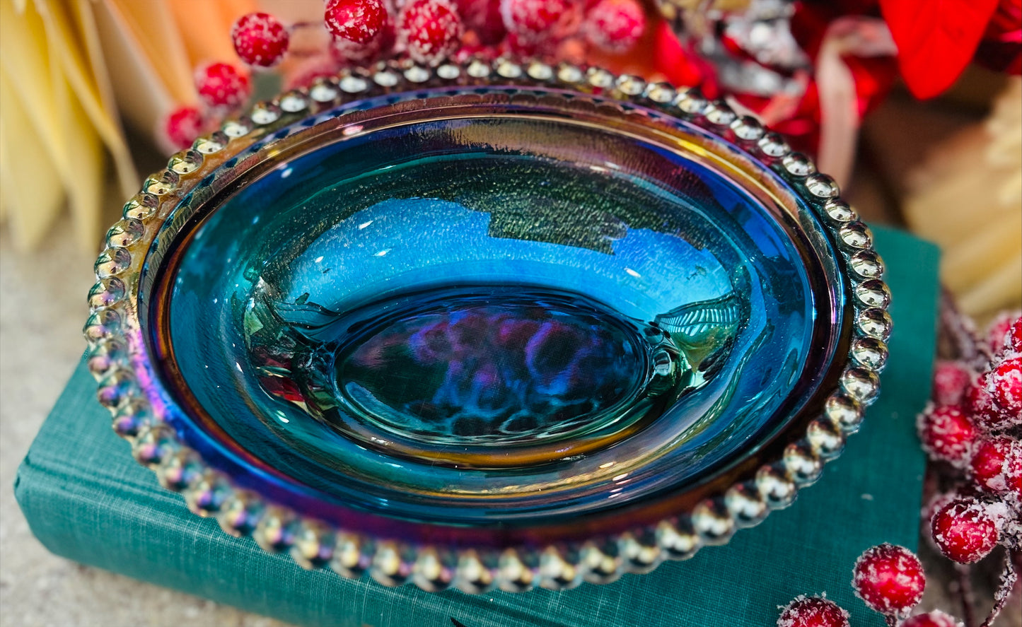 7" Indiana Dark Blue Carnival Glass Hen on Nest-Iridescent, Striated and Stunning