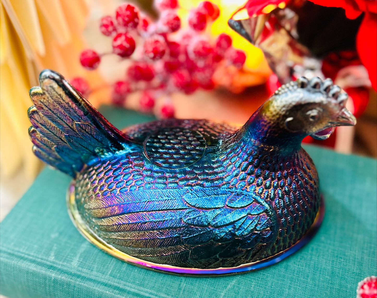 7" Indiana Dark Blue Carnival Glass Hen on Nest-Iridescent, Striated and Stunning