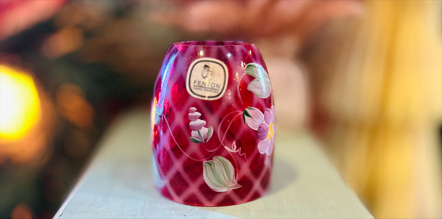Vintage Fenton Cranberry Quilted design, Hand Painted Floral Motif, Signed Fairy Lamp