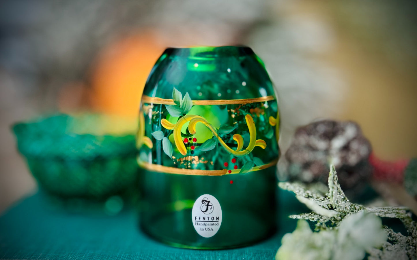 Vintage Fenton Emerald Green Hand Painted, Signed Fairy Lamp.