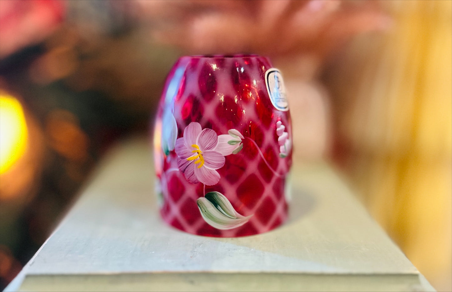 Vintage Fenton Cranberry Quilted design, Hand Painted Floral Motif, Signed Fairy Lamp