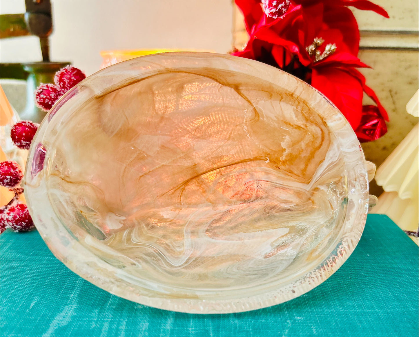 Peach Swirl Glass Hen on Nest 6"