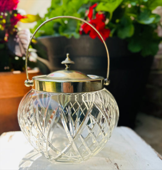 Vintage Cut Cystal Biscuit Jar with Silver lid and handle