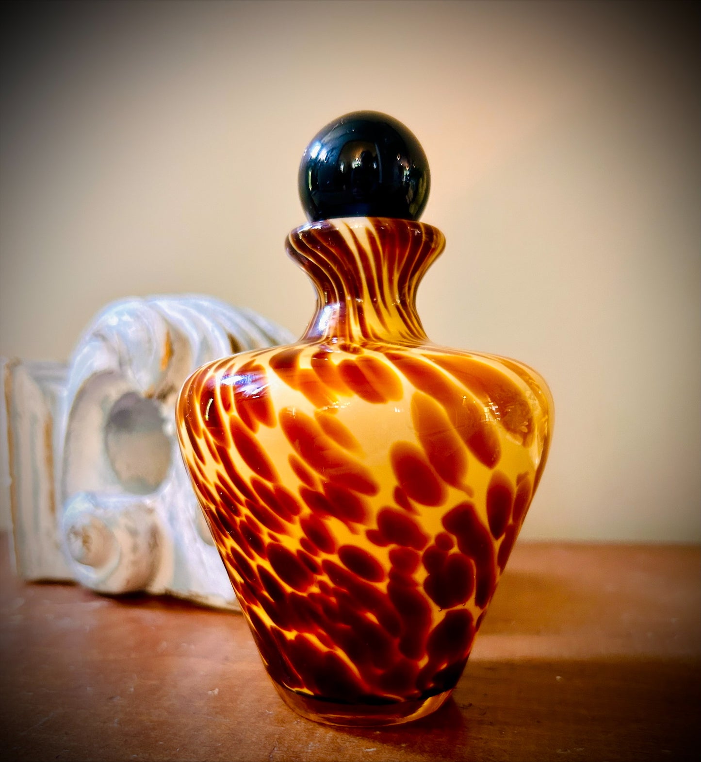 Tortoise Shell Blown Glass Perfume Bottle with Black Stopper Murano Style