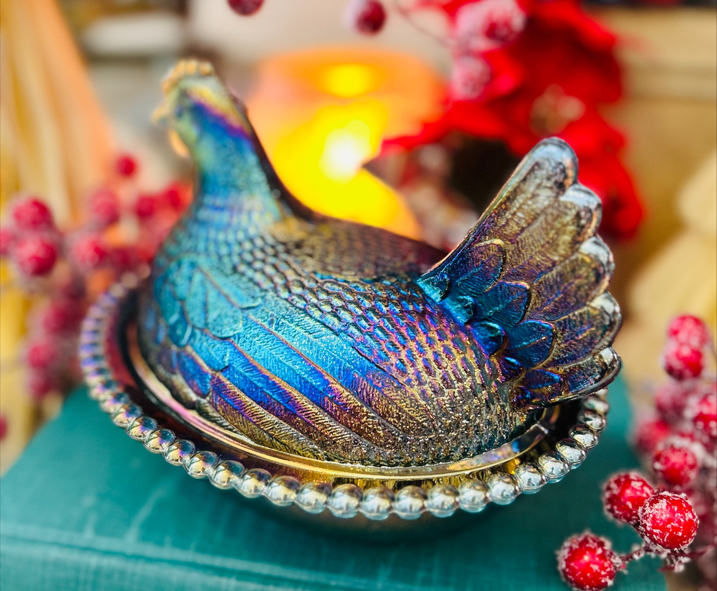 7" Indiana Dark Blue Carnival Glass Hen on Nest-Iridescent, Striated and Stunning