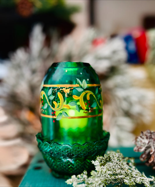 Vintage Fenton Emerald Green Hand Painted, Signed Fairy Lamp.