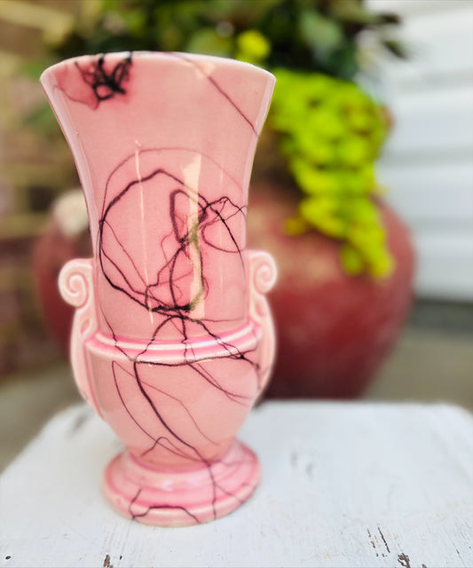 Vintage Pink Spiderweb/Cobweb with Double Handle Vase, Stamped 075