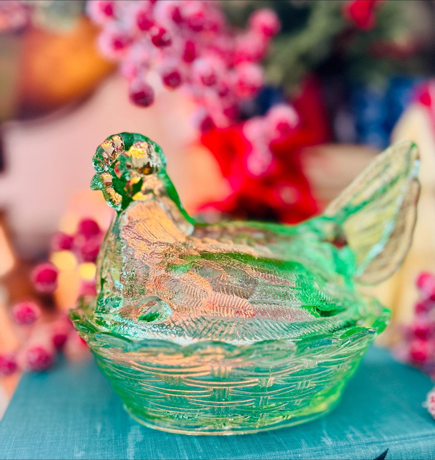 6 inch Green Glass Hen on Nest Classic Vintage Charm